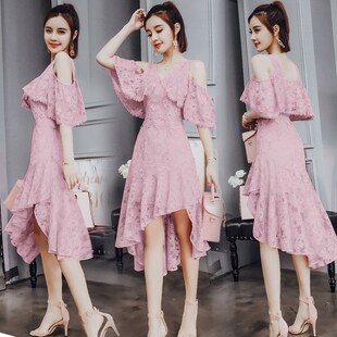 今年流行夏天裙子很仙的法国小众连衣裙法式桔梗裙粉色蕾丝长裙女