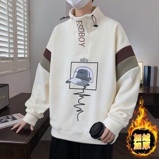 冬季半高领卫衣12岁男孩初中学生13加绒加厚内搭15大童保暖打底衫