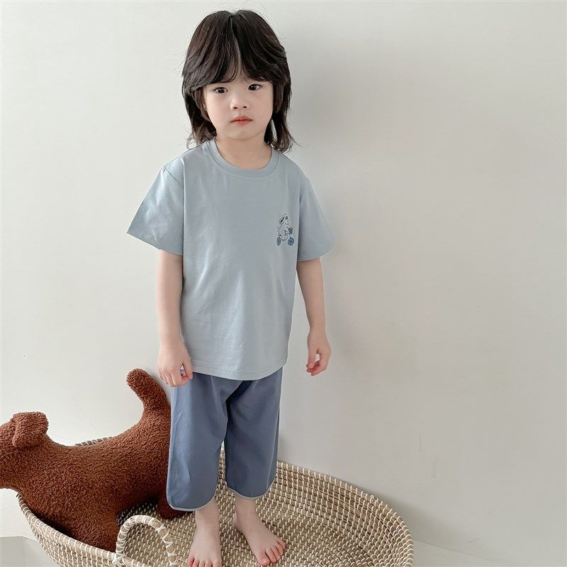 宝宝睡衣夏天薄款纯棉短袖七分裤男童家居服夏季套装a类棉空调服