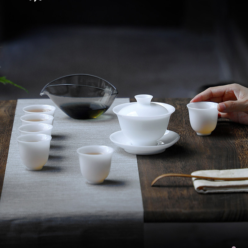 莹玉扁舟茶具套装冰种玉瓷霜白