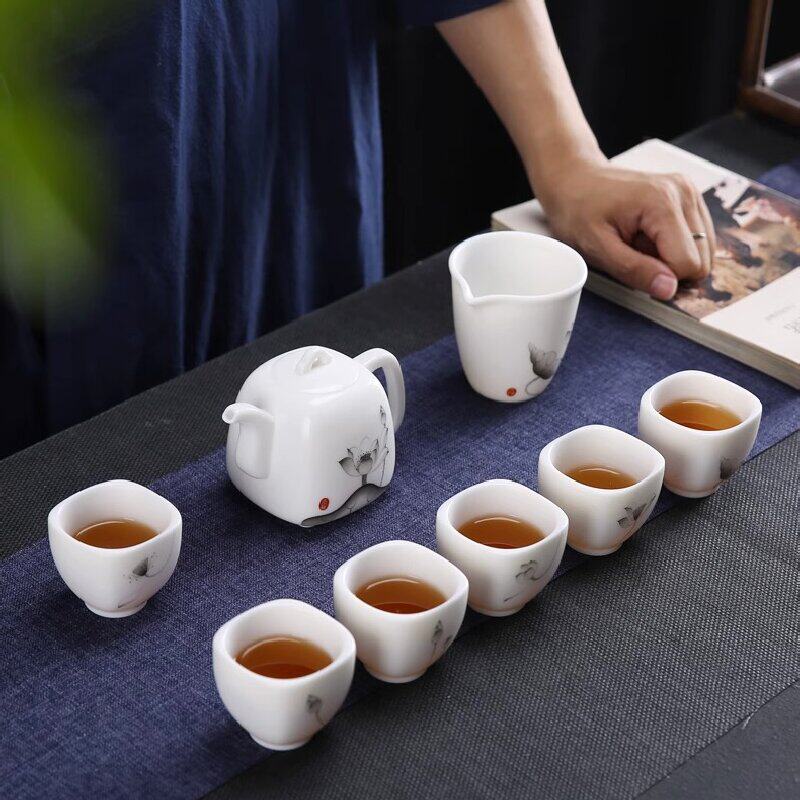 手绘墨荷茶具套装羊脂玉瓷素烧