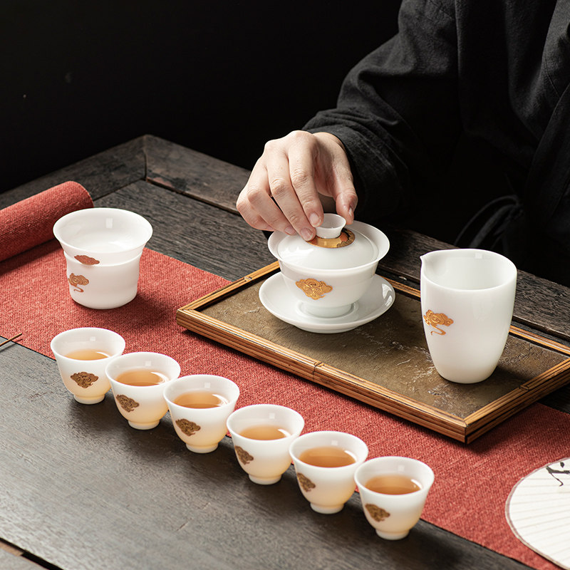 德化白瓷功夫茶具套装高档轻奢家用泡茶专用整套 堆金祥云 礼盒装