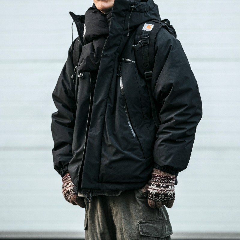 日潮复古工装保暖90绒羽绒服户外滑雪加厚连帽T潮流冲锋衣棉衣男
