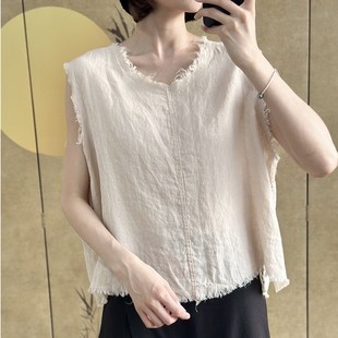 亚麻背心V领毛边基础纯色吊带水洗做L旧宽松马甲开叉无袖 夏季 上衣