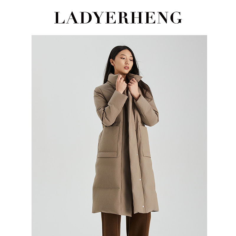 LADYERHENG冬季女装90鸭绒腰带款中长款翻领H型立体大贴袋羽绒服