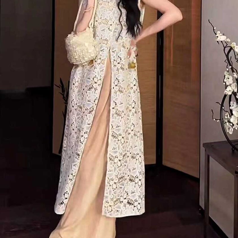 三吉 国风新中式马甲女款2024新款薄款夏季蕾丝开衫X中长款潮黑花