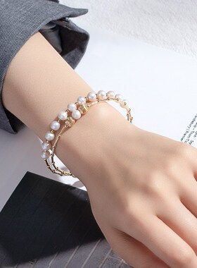 淡水珍珠手镯弹力小众设计手工铜镀真金多层开口手链 送妈妈礼物