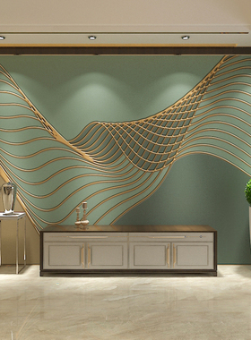 电视背景墙壁纸简约现代客厅卧室轻奢绿色墙布3D艺术线条壁画墙纸