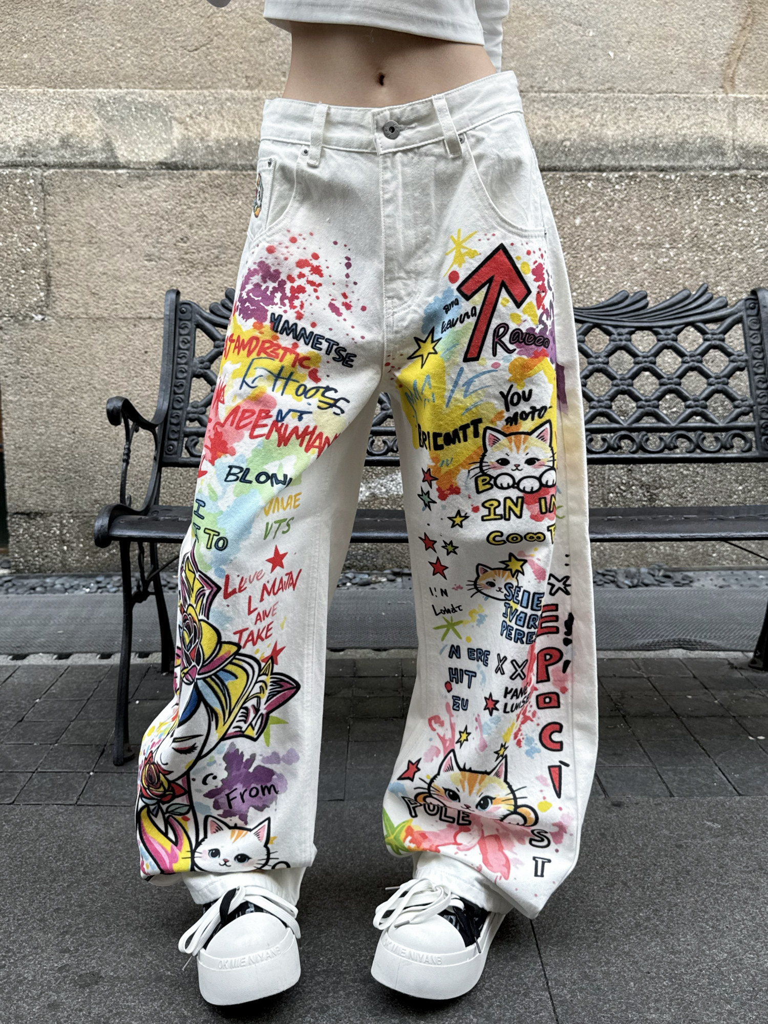 Thương hiệu thời trang đường phố cao cấp retro của Mỹ Quần jean graffiti dành cho nam nữ Unisex vẽ tay phun sơn đẹp trai quần ống rộng rộng rãi hợp thời trang