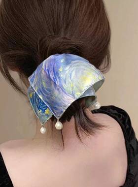 星月夜蓝色油画渲染方巾大肠发圈女级感马尾头绳弹力扎发头花