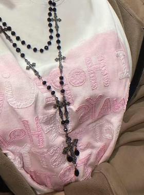 哥特风黑色十字架串珠项链女长款毛衣链小众设计感高级卫衣链配饰