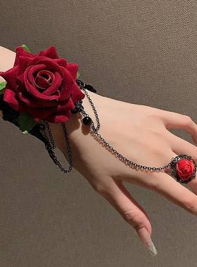 朋克风复古哥特红色玫瑰花蕾丝手链lolita手饰手套万圣节手腕配饰