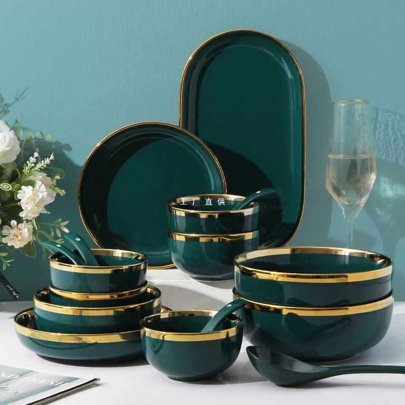 轻奢风碗碟套装金边餐具16头 ins陶瓷盘子碗组合2024新款家用
