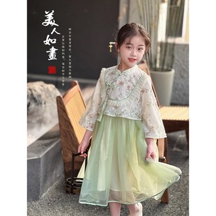 女童汉服20e24春季 儿童时髦古风连衣裙纱裙宝宝中国风长裙春 新款