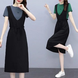 撞色拼接中长款 新款 女装 大码 连衣裙 假两件背带裙子m2022夏季