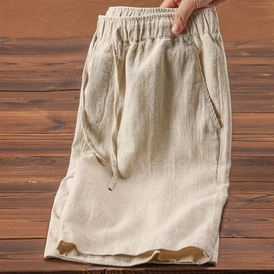 夏季轻薄透气苎麻短裤纯色v简约松紧抽绳麻棉沙滩休闲宽松五分裤