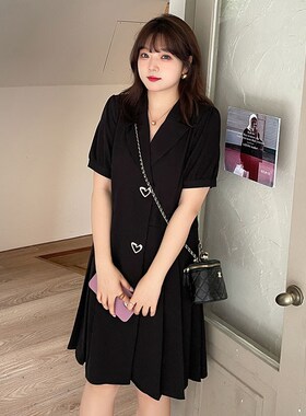 西装连衣裙2025夏新款220斤胖mEm大码法式气质遮肉黑色显瘦百褶裙
