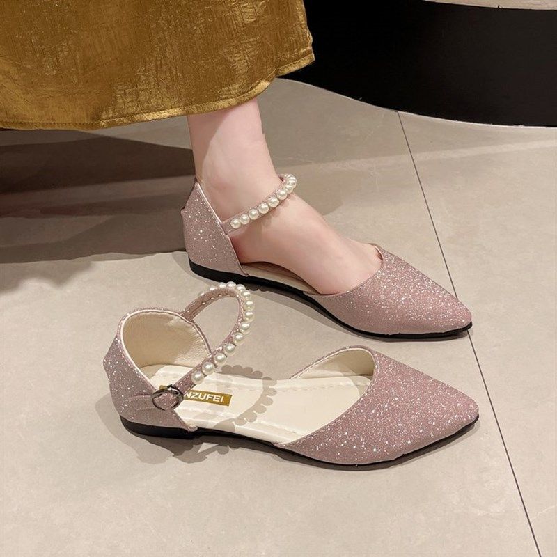 鞋子女2024新款春韩版平底包头凉鞋女尖头珍珠一字扣带晚晚温柔鞋,女鞋,一字带凉鞋,淘宝优惠券,粉丝福利购,淘宝优惠卷