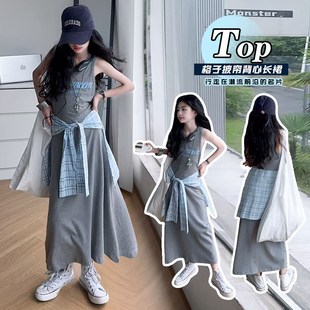 女童无袖 儿童格子屁帘设计感度假风长 假两件背心连衣裙2v025夏季