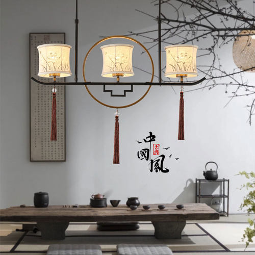 新中式餐厅吊灯长方形三头LED灯具中国风禅意复古吧台书房茶室灯