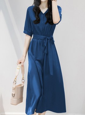 之和高级感法式复古风蓝色V领铜氨丝长裙连衣裙女S夏收腰显瘦A字