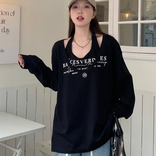 V领软糯系宽松卫衣挂脖背心两件套上衣 慵懒风中长款 大码 胖mam秋季