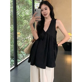 无袖 微胖mm宽松遮肚显S瘦娃娃衫 上衣 高级感黑色v领背心女夏季 大码
