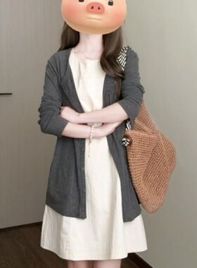 大码胖mm韩系气质套装s裙女初秋长袖针织开衫遮肉背心连衣裙两件