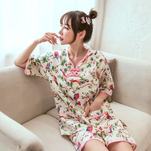 和风 中国风印花纯棉浴服汉汗蒸服家居睡衣女男儿童亲Y子情侣大码