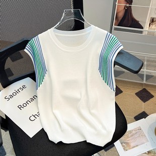 宽松显瘦无袖 冰丝背心女 夏季 设计感条纹坎肩小衫 上 80l200斤