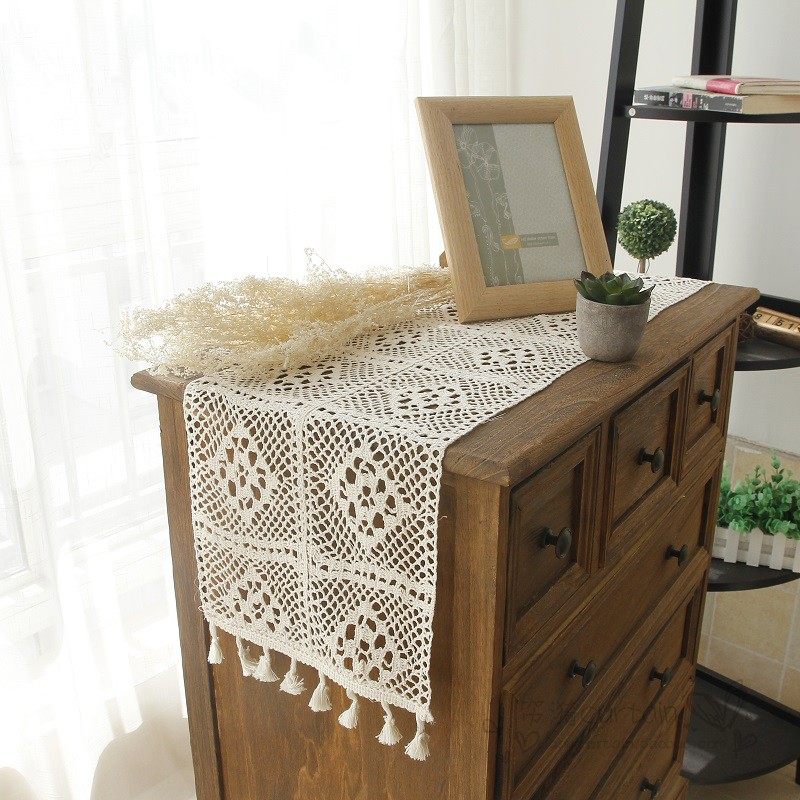 文艺棉麻钩e针桌旗蕾丝布艺流苏桌布美式复古床旗柜旗茶几斗柜盖