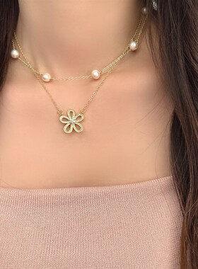 法式花朵微镶锆石双层淡水珍珠项链女精致甜美风颈饰女铜镀真金