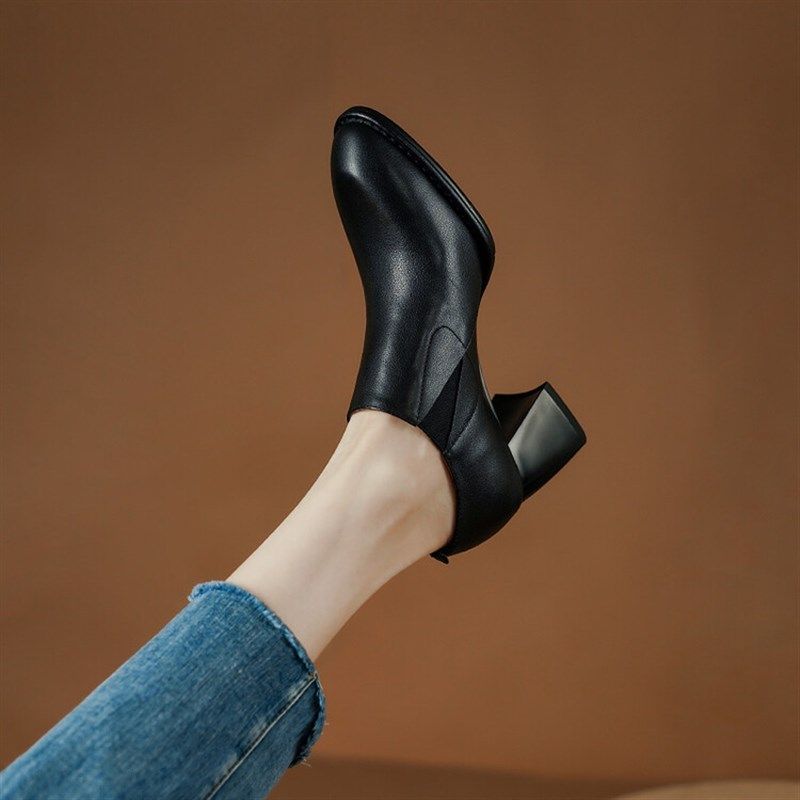 真皮女鞋粗跟中跟深口单鞋春秋季女士棕色英伦风小皮鞋百搭高跟鞋,女鞋,浅口单鞋,淘宝优惠券,粉丝福利购,淘宝优惠卷