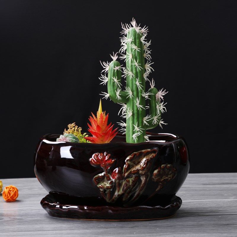 招财进宝花盆红色陶瓷桌面家用客厅阳台大号发财树花盆带托盘