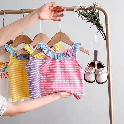 童装夏季女上衣女宝宝木r耳边翻领童条纹背心婴儿童纯棉吊带衫薄