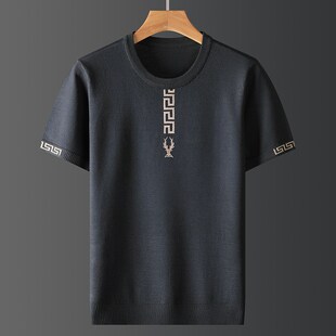 2020新春针织衫短袖毛衣男大码提花刺绣红色本命年打底保暖半截袖