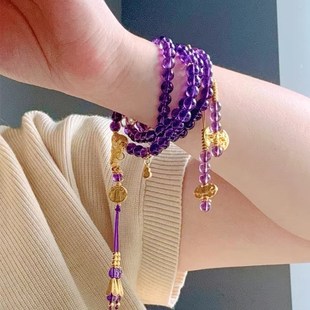 2024a九紫离火运天然乌拉圭冰透紫水晶佛珠手串新中式 毛衣链浓郁