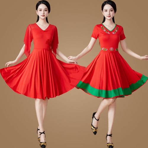 舞蹈演出服短e袖连衣裙女广场舞服装夏季新款表演跳舞衣古典现代