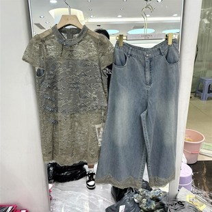 时尚 牛仔宽裤 两件套夏 侧盘扣镂空蕾C丝旗袍裙衫 村口伊依825110