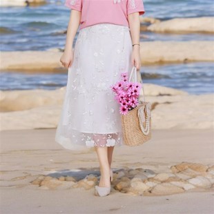 百搭200斤胖MM泰式 四e季 多巴胺立体花朵绣网纱中长半身裙 女装 大码