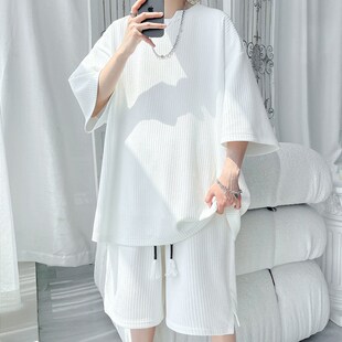 t恤夏装 短袖 短裤 冰丝休闲套装 男装 202t5新款 潮牌大码 高级感 男夏季