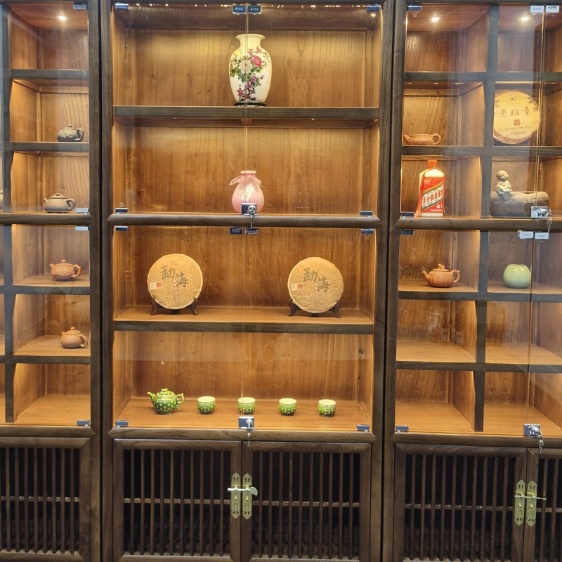 榆木多宝阁带灯展柜茶叶展示柜现代茶饼收藏古董紫砂壶展示架