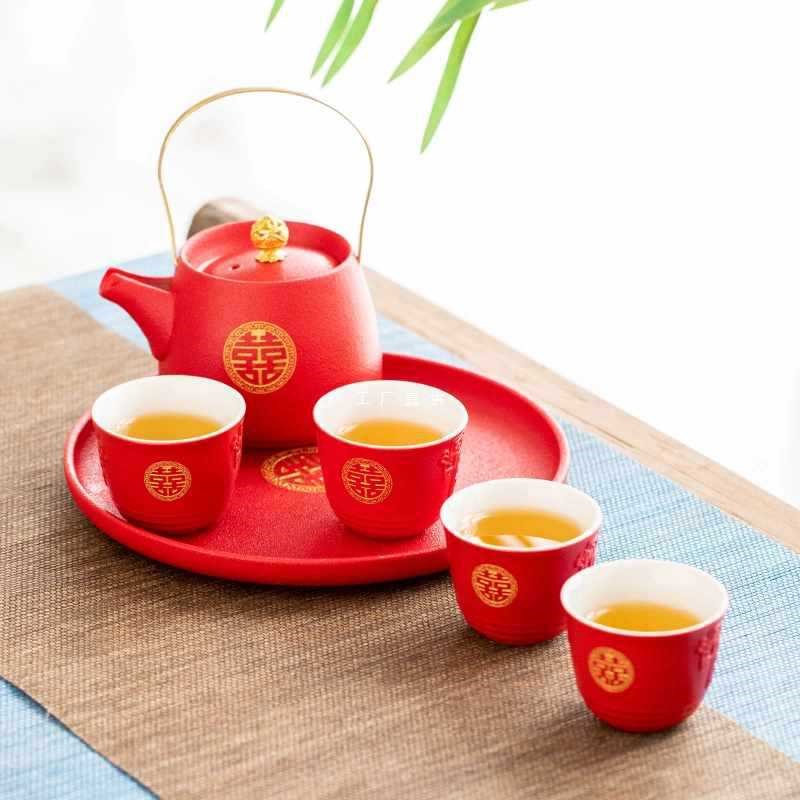 宝功夫茶具结婚庆改口敬茶杯红色茶壶茶盘礼陪嫁送闺蜜
