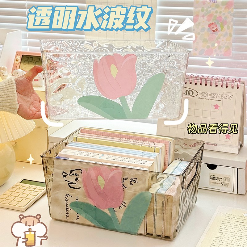 化妆品收纳盒桌面收纳箱可移动置物架简约透明高级感文具叠加盒子