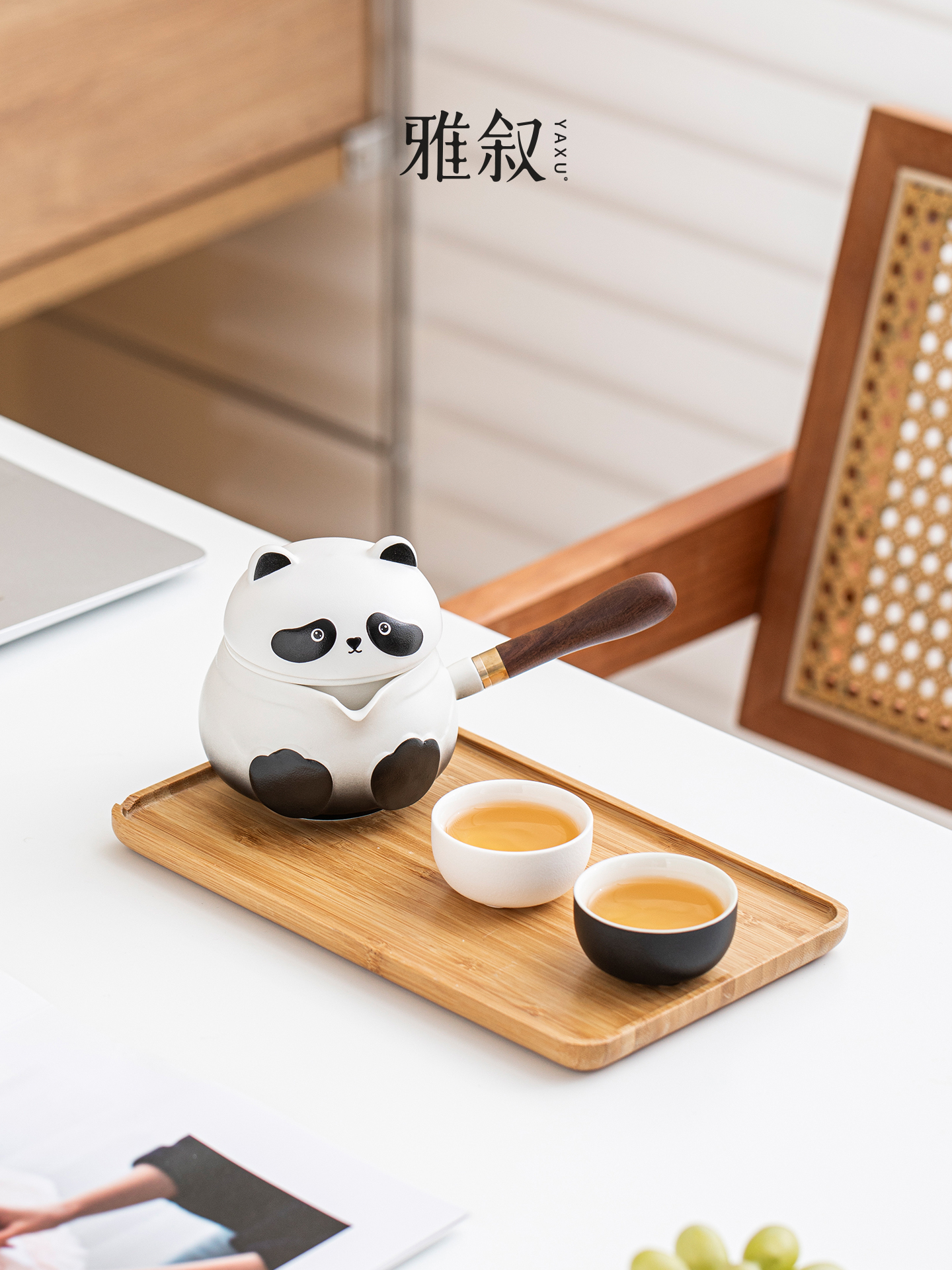 安素熊猫旅行茶具便携式侧处理壶一壶两杯户外露营风格快速杯礼盒