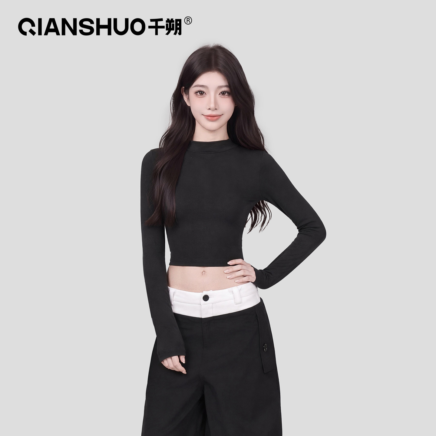 千朔辣妹风黑色半高领长袖T恤女秋收腰显瘦短款紧身内搭露脐上衣