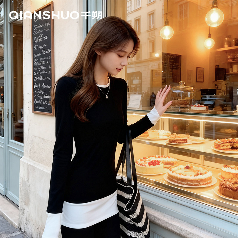 千朔拼接假两件圆领打底衫女秋冬德绒修身中长款遮盖屁股内搭上衣,女装/女士精品,T恤,淘宝优惠券,粉丝福利购,淘宝优惠卷