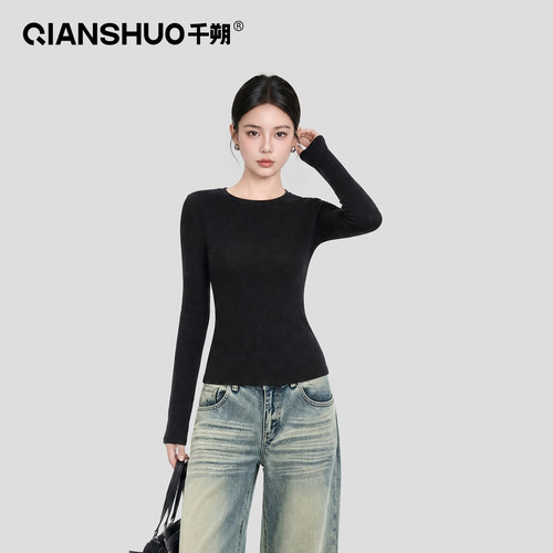 千朔黑色显瘦长袖内搭打底T恤女