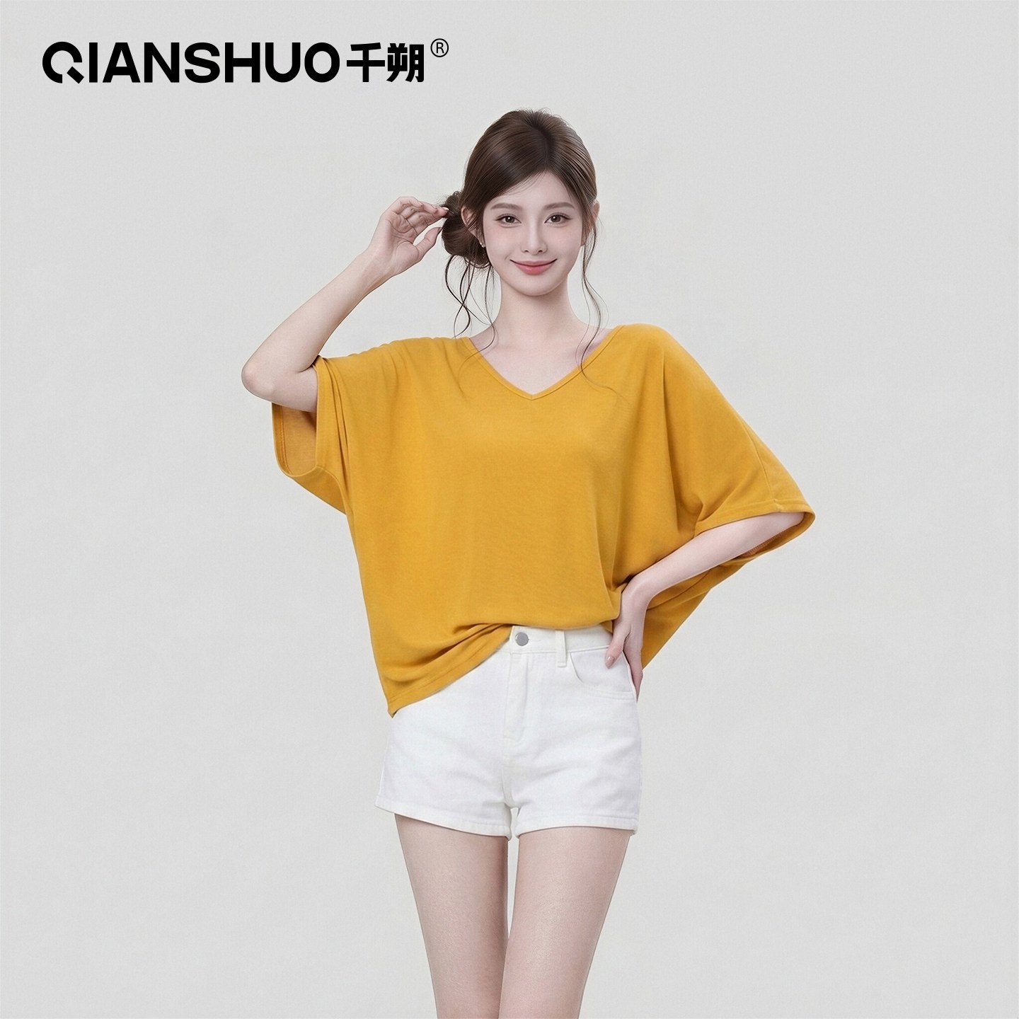 千朔V领防晒蝙蝠袖T恤防晒罩衫女图片