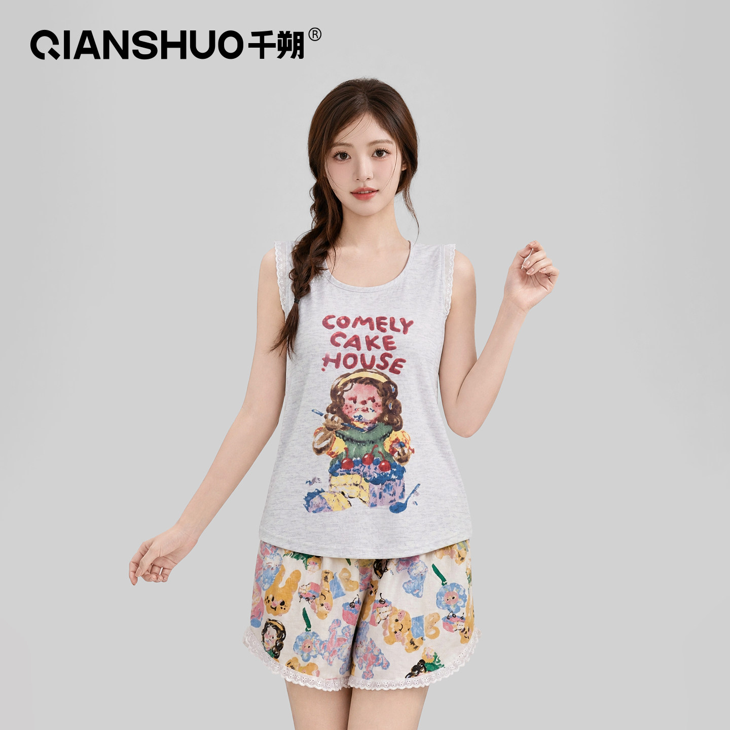 千朔二件套装油画女孩睡衣带胸图片